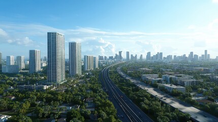 Aerial view of modern urban skyline with highway and skyscrapers