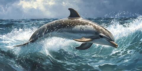 Fototapeta premium Atlantic Spotted Dolphin swimming gracefully near the coastline, showcasing the beauty of Atlantic Spotted Dolphins in their natural habitat, capturing their playful nature in stunning detail.