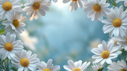 Fototapeta premium Blooming white daisies in a circular frame against soft blue background