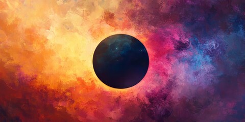 An artistic interpretation of a partial solar eclipse, showcasing a vibrant and grainy style. This creative depiction of the solar eclipse features a dark circle contrasted by vivid colors.