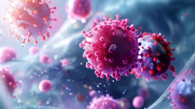 3D rendering of a stylized background showing virus and cancer cells in a closeup view