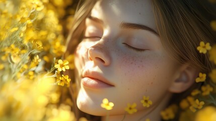 Fototapeta premium Young female relaxing among yellow flowers in sunlit meadow
