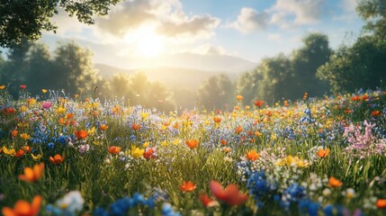 Obraz premium Vibrant wildflower field under a sunny sky at dawn