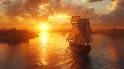 Obraz premium Sunset Sailboat Harbor Coastal Golden Hour Voyage