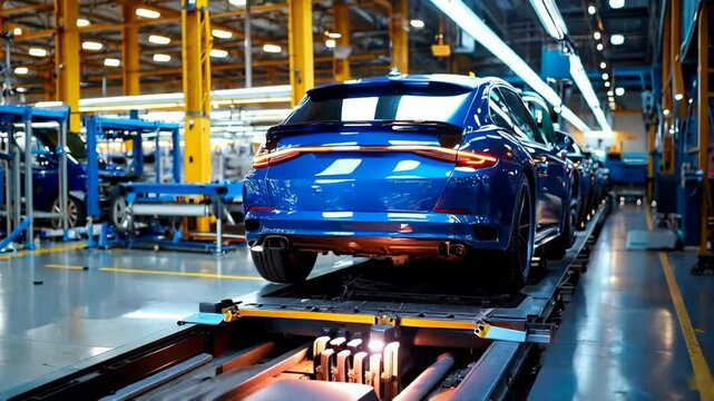 Car production line in a factory with a car body on a frame for use as background or wallpaper