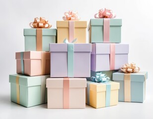 Obraz premium Pastel Gift Boxes Stacked High: A Delightful Collection of Presents with Ribbons