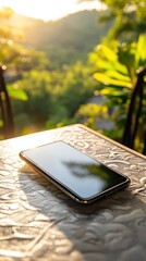 Smartphone on Table with Mountain and Nature Background at Sunset