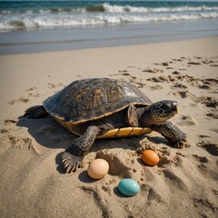 Obraz premium Photograph a turtle laying eggs on a summer beach.