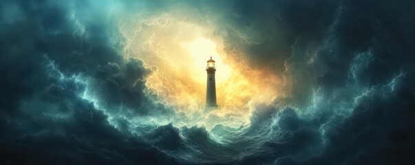 Obraz premium Majestic lighthouse illuminated amidst dark stormy ocean waves