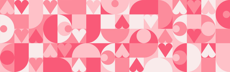 Seamless trendy pink background with hearts and circles for Mother's Day card template. Trendy geometric red shapes with retro squares for Valentine's Day or Wedding Day cover.