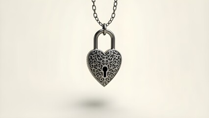 A heart-shaped lock hanging on a chain against a neutral background