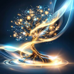 Digital energy tree glowing with light &ndash; futuristic digital energy tree in tech style &ndash; abstract digital energy tree for innovation themes - digital energy tree illustration for AI ecosystem branding