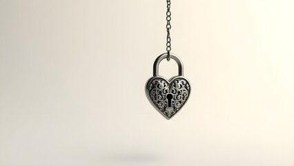 A heart-shaped lock hanging on a chain against a neutral background