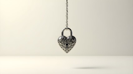 A heart-shaped lock hanging on a chain against a neutral background