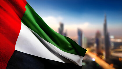 Flag of the United Arab Emirates on a blurry city background 