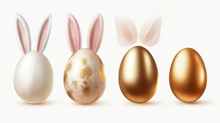 Easter eggs. Golden egg hunting, bunny ears. Isolated realistic spring festive vector elements