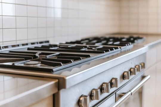 A sleek, modern gas stove with multiple burners, set against a clean tiled kitchen backdrop, showcasing contemporary culinary design.