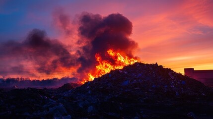 Fiery blaze over an industrial waste pile, with glowing flames and smoke silhouetted against a vibrant, gradient sunset sky
