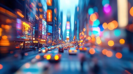 Abstract city street at dusk with colorful bokeh lights