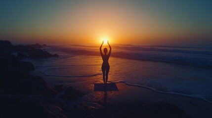 A dedicated yoga practitioner performs a calming pose on a beach at sunset, connecting with the peaceful ocean waves and colorful sky while finding inner harmony