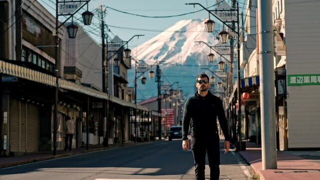 A captivating scene of a man walking along Honcho Street in Shizuoka city, Japan, with the majestic snow-covered Mount Fuji in the background.