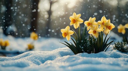 Yellow daffodils bloom amidst snowy landscape in early spring