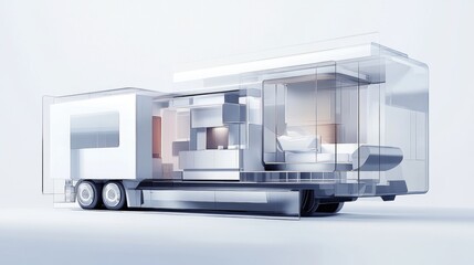 Graphic representation of a motorhome with transparent panels revealing its luxurious and practical interior features, set on a white backdrop
