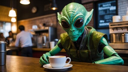 Green-skinned alien enjoying a warm beverage in a modern cafe during the evening