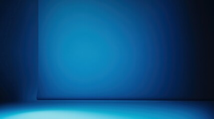 Panoramic abstract blue wall background for product presentation with sunlight and blurred shadows wall. Podium studio background