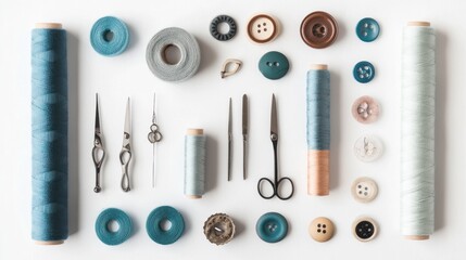 Handmade craft tools and sewing supplies, including spools of thread, a needle, buttons, and scissors, laid out on a crisp white backdrop