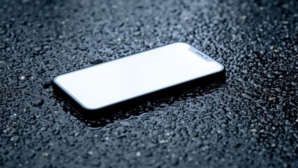 smartphone rests on the wet pavement, reflecting the rainfall. Water droplets cling to the screen, creating a contrast with the dark surface, displaying an urban setting