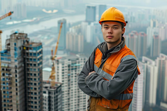 Young construction worker in safety helmet poses confidently ato
