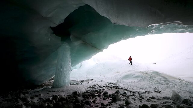 A winter adventurer with a camera enters the darkness of a glacier cave in the Swiss Alps while inspecting the ice of a giant frozen icicle and taking photos