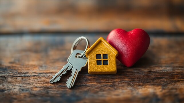Heartfelt Homeownership: A Pair of Keys and Love Symbolized by a House-Shaped Keyring with a Red Heart