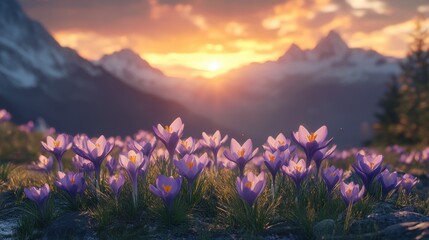 Obraz premium Blooming crocuses at sunrise in mountain landscape