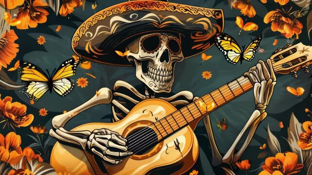 Skeleton playing a guitar, adorned with a sombrero, surrounded by bright orange flowers and butterflies, depicting Day of the Dead. ai
