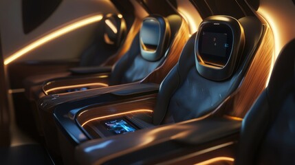 Luxurious van design featuring ergonomic leather seats, custom wood finishes, and high-tech entertainment screens, perfect for executive travel