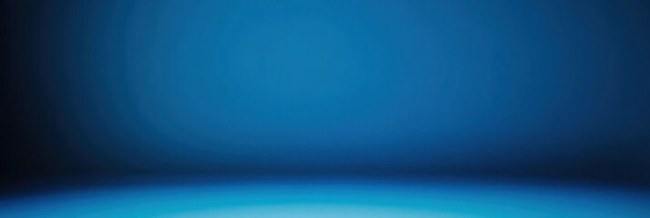 Panoramic abstract blue wall background for product presentation with sunlight and blurred shadows wall. Podium studio background