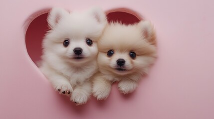 Heartwarming Moment: Two Fluffy Pomeranians Peeking from a Heart-Shaped Cutout