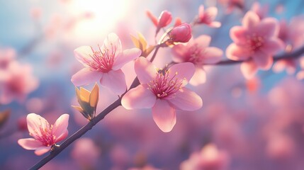 Obraz premium Close-up of pink cherry blossoms in bloom on a sunny day