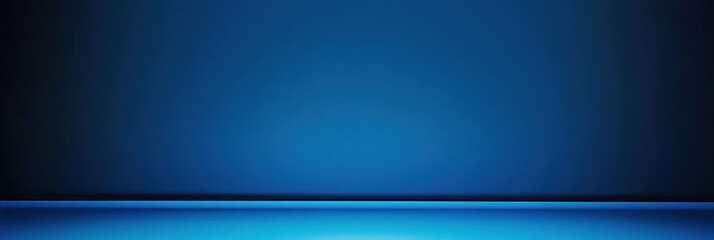 Panoramic abstract blue wall background for product presentation with sunlight and blurred shadows wall. Podium studio background