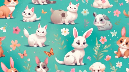 Cute baby animals playing among flowers and butterflies in a bright and cheerful setting