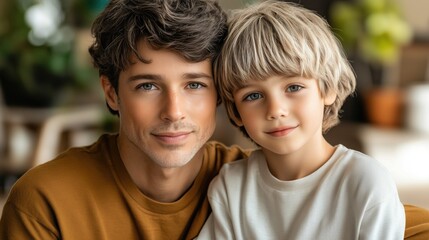 Fototapeta premium joyful father and his young son sit closely together in a comfortable indoor space, showcasing their strong bond and happiness in a serene atmosphere filled with natural light