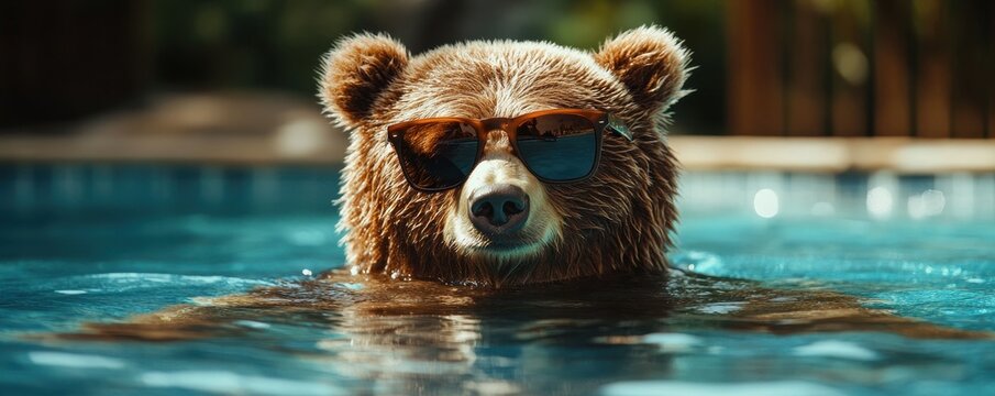 Cool bear wearing sunglasses relaxing in a swimming pool - Powered by Adobe
