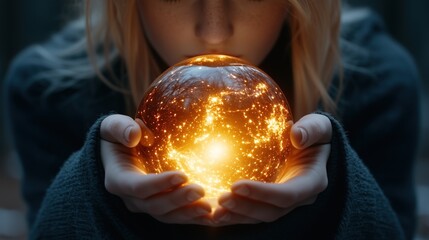 Naklejka premium woman with long blonde hair softly cradles a luminous crystal ball in her hands, surrounded by a shadowy forest filled with mystery and magic under the night sky