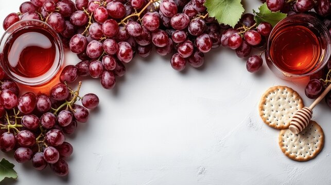 Fresh grapes and wine glasses arranged elegantly with crackers and honey on a textured background