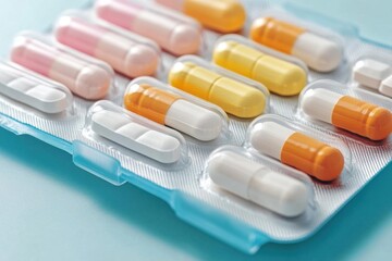 A variety of colorful capsules and tablets in a blister pack.