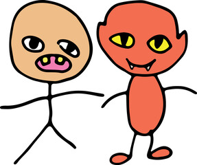 scared anthropomorphic little man standing next to funny little red devil with yellow eyes