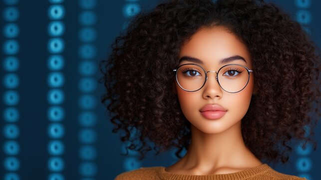young woman with dark curly hair and stylish glasses stands with a confident expression. She is in front of a blue digital backdrop filled with binary code, reflecting a modern vibe