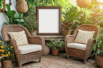Blank Frame Between Two Wicker Chairs In Garden Setting